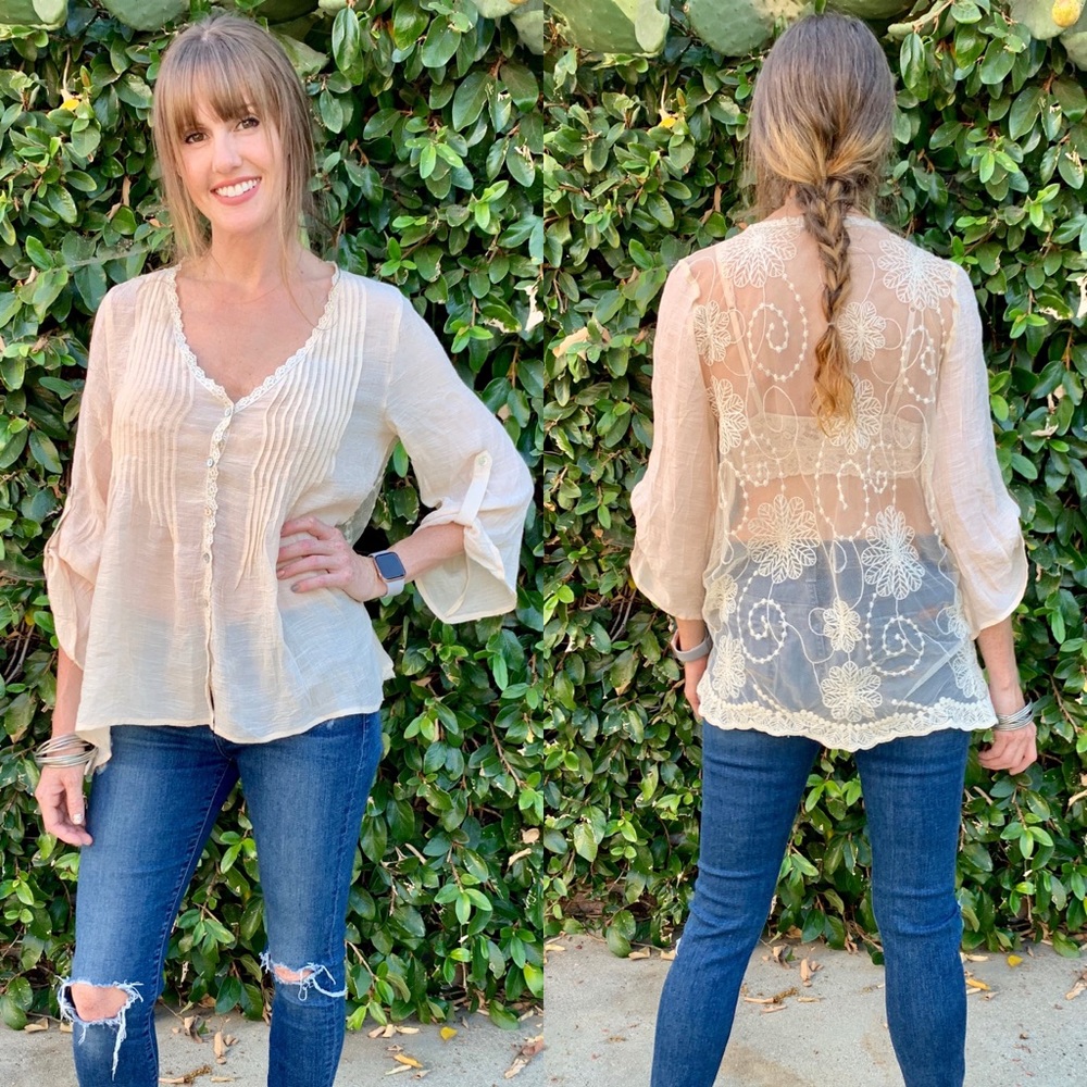 SOLD Sheer Button Up Peasant Blouse w/ Embroidery